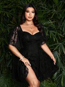 Sunspun Đầm ren hoa cổ tim tay bèo nhún thanh lịch cỡ lớn cho nữ - màu đen - Xem 5