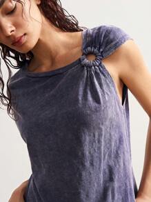 Bohemela 休闲纯色针织修身圆领背心 女士棉质上衣 女士夏季棉质上衣 女士圆环细节上衣 女士夏季上衣 不对称上衣 - 藏蓝色 - 查看 2