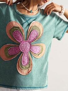 Bohemela Camiseta casual de mujer de manga corta y cuello redondo, de punto en unicolor, con bordado floral de patrón suelto - Multicolor - Ver 6