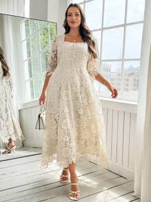 SHEIN Clasi Đầm ren hoa cổ vuông tay ngắn thanh lịch cho nữ cỡ lớn - Màu Khaki - Xem 5