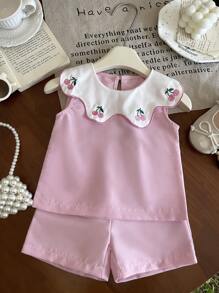 SHEIN 2pcs Baby Girl Cute Cake And Floral Print Sleeveless Top And Shorts Set, Casual For Spring And Summer - Pink - View 3