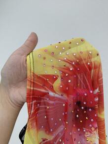 Sunnyshic Plus Size Women's Summer Solid Mesh Fabric High Neck 3D Floral Printed Women's Short Sleeve T-Shirt With Shiny Rhinestones - Black - View 8