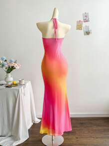 Soleia 女士度假针织网眼渐变色浪漫修身挂脖系带金属扣装饰鱼尾长裙，适合派对、约会、下午茶，性感优雅 - 彩色 - 查看 2