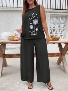 Linhara Plus Size Casual Dandelion Print 2 Pieces Set