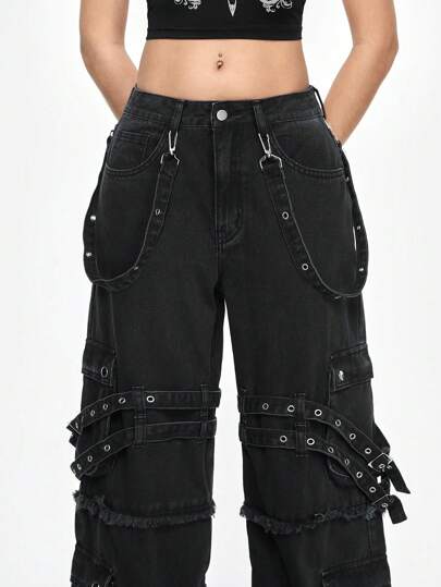 Grunge Punk Casual Punk Street Style Loose Wide Leg Jeans With Metal Webbing Decor For Women