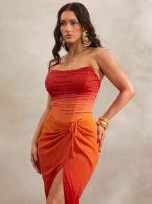 Silquee 夏季女士时尚简约休闲度假紧身网纱橙色渐变抹胸文胸，度假女装上衣，适合海滩度假 - 橘色 - 查看 6