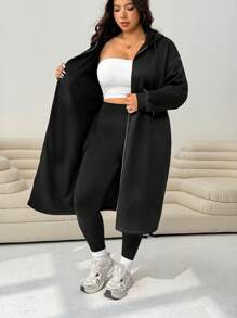 Solflare Black Plus Size Women Casual Fleece Drop Shoulder Zip-Up Drawstring Hooded Jacket,Fall,Winter,Back To School,Business Casual,Office Outfits,Work,Teacher,Warm,Fall Clothes For Women Autumn