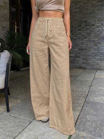 DAZY Jeans anchos con cordones de color liso y versátiles para mujer