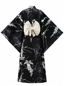 Irokai 日式女式印花浴衣和服，适合夏季节日 - 黑與白 - 查看 2