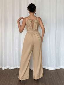 Islaluna 女士夏季镂空V领露肩梭织连体裤，休闲通勤外出连体裤 - 卡其色 - 查看 2