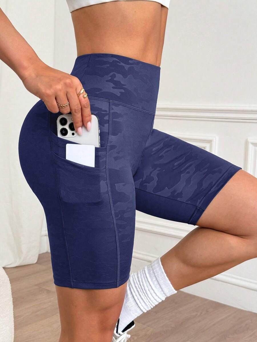 Easithlete Camouflage High Waist Patchwork Sporty Shorts With Dual Pockets Workout Short