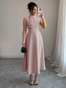 Elenzga Vestido casual elegante de verano sin mangas con botones decorativos