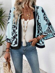 EMERY ROSE Women's Vacation Plant Print 3/4 Sleeve Open Front Lightweight Jacket - Blue - View 1