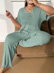 SHEIN Solid Color Bow Decor Knitted Long Sleeve Top & Pants Lounge Set, Plus Size, Outfits - Green - View 6