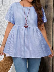 EMERY ROSE Blusas holgadas de manga corta con cuello redondo y estampado de rayas, adecuadas para el verano, regalos para la madre, estilo bohemio, vacaciones de primavera, festivales, campo - azul real - Ver 7