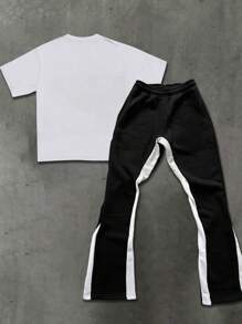 Manfinity Streetrush Conjunto casual de camiseta con estampado de número y pantalón largo con costuras de color contrastante para hombre, Conjunto de 2 piezas de verano para hombre