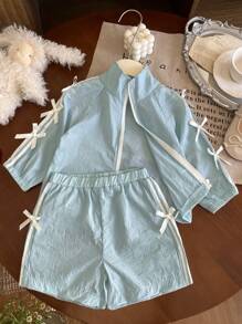 SHEIN 2pcs Baby Girl Casual Sports Style Morant Blue Outfit Set: Short Sleeved Jacket With Standing Collar + Shorts - Blue - View 2