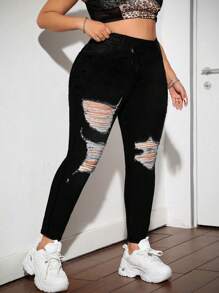 SHEIN ICON Jeans blu taglie forti, stile casual e sexy, strappati, aderenti ed elasticizzati, abbigliamento casual per il ritorno a scuola, abbigliamento autunnale da donna, pantaloni per insegnanti