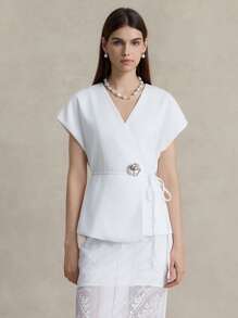 Briarwyn Women's Solid Color Overlap V-Neck Batwing Short Sleeve Lightweight Jacket Summer Fall Women Clothes Old Money Clothes Business Casual Woman All White Party Women Going Out Tops Women