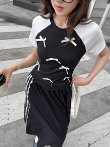 SHEIN 少女夏季蝴蝶结印花插肩袖T恤和迷你裙休闲两件套 - 黑與白 - 查看 3
