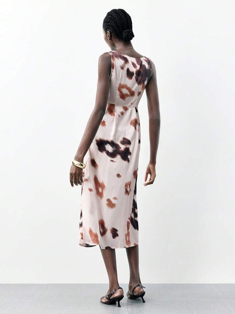 SHEIN Maija 2025 Summer New Cheetah Print Twist Knot Ruched Round Neck Pullover Satin Midi Dress, Urban Commute Elegant Modern Romantic Casual Party Beach Holiday Music Festival Brunch Office Graduation St. John's Eve