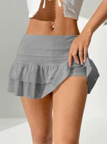 Comfortcana Women Black Velvet Cute Ruffle Layered Mini Skirt For Winter Party - Grey - View 7