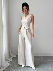Modelyn 2pcs/Set Women Sleeveless Vest And Skinny Pants Suit - Apricot - View 4