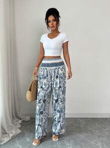 Chiquease Women's Floral Print Shirred Waist Pants, For Vacation Fall Cloth For Women