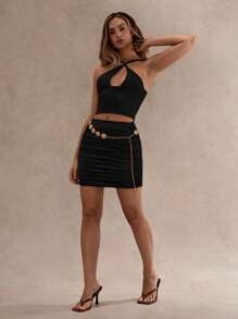 Glamine 2 Pieces Sets Sexy Black Color Asymmetrical Sleeveless Cut Out Tank Top,Women Beach Outfit ,Birthday Tank Top,Women Date Night Outfis,Basic Top,Going Out Top,Vacation Two Pieces Set - Black - View 6