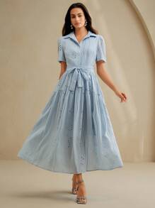 Anewsta Đầm dài rộng rãi có cổ tay ngắn, thắt eo cho nữ - Màu xanh nhạt - Xem 4