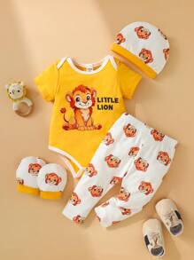 SHEIN 4pcs Baby Boys' Casual Daily Wear Basic Home Cute & Fun Lion Printed Bodysuit And Long Pants Set With Hat & Gloves, Spring/Summer - Yellow - View 1