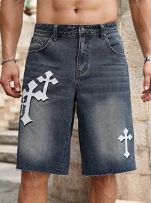 Manfinity Homme Men's Simple Print Casual Denim Shorts