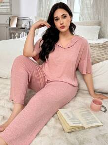SHEIN 2 peças/Conjunto Cor Sólida Casual Moletom com Capuz de Manga Curta com Cordão, Gola em V e Calça Comprida de Loungewear