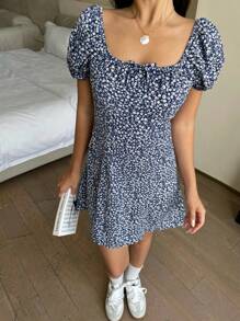 Tween Girls' Navy Blue Ditsy Floral Stand Collar Bow Front Fitted Puff Sleeve Mini Dress, For Parties, Vacations, Outings, Coastal Grandma Outfit