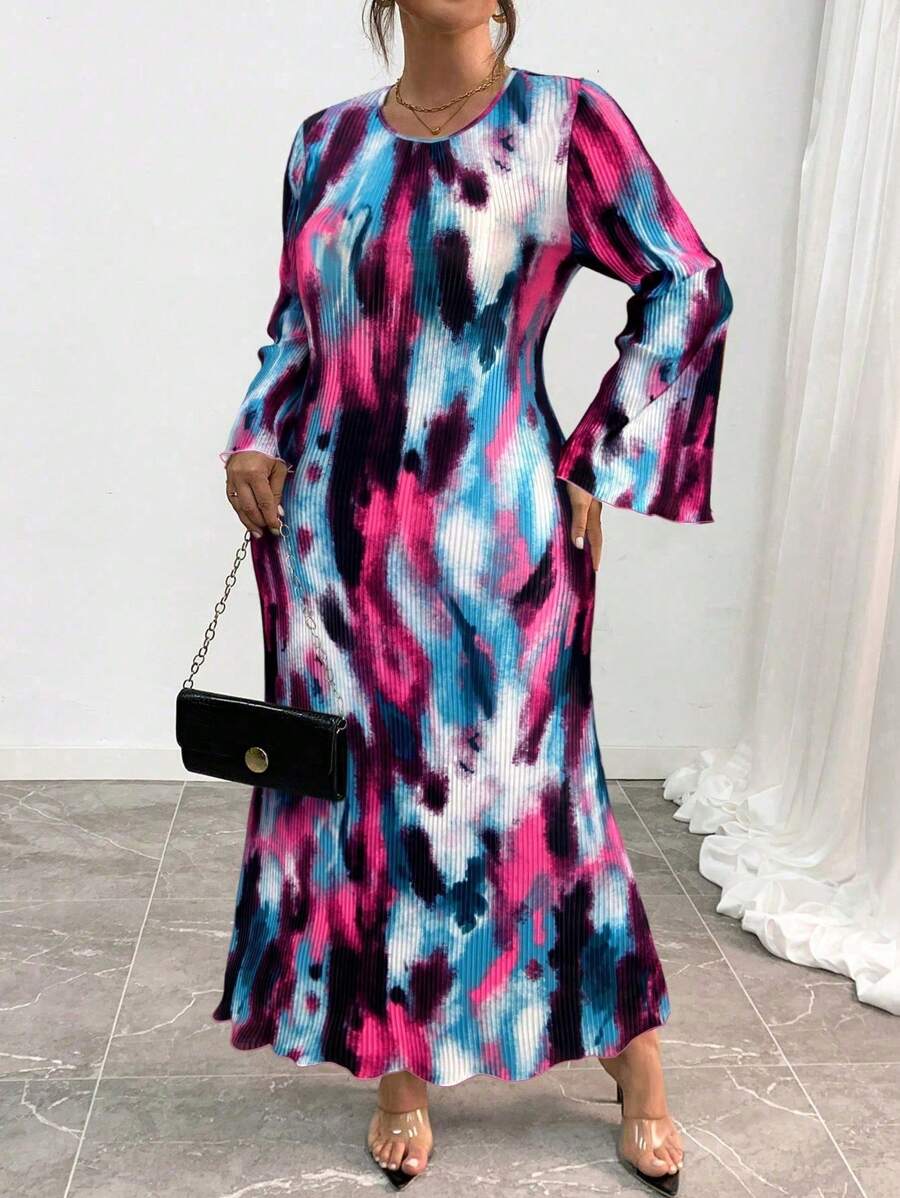 Elenzga 加大码圆领长款泡泡袖花卉印花百褶修身连衣裙，适合圣诞节女装 - 玫紅色 - 查看 1