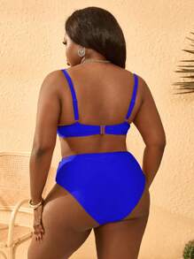 Slaydiva Plus Size Women 2 Pieces Solid Magenta Color High Waist Ruffled Triangle Swimsuit With Underwire & Adjustable Strap For Summer Beach Vacation - Blue - View 2