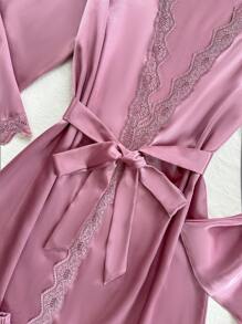 SilkySpell 四件套睡衣：蕾丝拼接仿丝吊带背心、短裤、长裤、系带睡袍，秋冬服装 - 藕粉色 - 查看 4