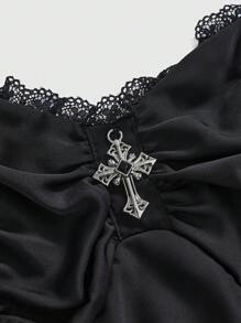 ROMWE Đầm nữ cổ điển Palace Gothic có dây xích kim loại có thể tháo rời, eo không đối xứng, nhiều lớp, viền ren - màu đen - Xem 3