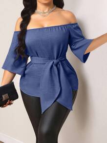 SHEIN LUNE Women's Casual Ruffle Off Shoulder Blouse, Suitable For Work, Vacation And Commute - Blue - View 4