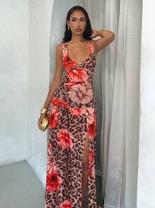 Glamine Leopard Floral Pattern Women Long Dress, Stretchy Jersey Fabric, Sexy Elegant Beach Sundress For Summer Holiday--Floral Pattern Random Fall Women Clothes Back To School