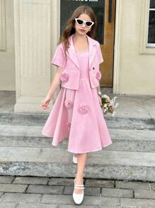 SHEIN Tween Girls 2 Pieces Set: Solid Color Floral Decor Slip Dress & Short Sleeve Jacket - Pink - View 5