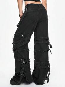ROMWE Grunge Punk Luźne, szerokie nogawki jeansów w stylu casual punk street z metalowymi ozdobami z taśmy dla kobiet
