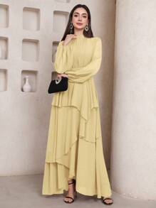 Veilorie 女士纯色立领灯笼袖荷叶边下摆连衣裙，优雅