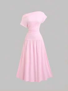 SHEIN Sweetro 女式夏季纯色不对称领蝙蝠袖优雅褶饰中长连衣裙 - 淺粉色 - 查看 1