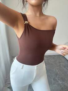 Elenzga Women Asymmetric Collar Solid Color Top, Summer Fashion - Brown - View 6