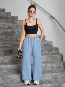 SHEIN Elladie kids 少女 Y2K 纯色水洗宽松直筒牛仔裤，重返校园街头风格 - 淺色水洗藍 - 查看 6