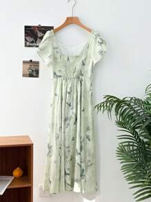 DAZY Vestido corto de mujer con estampado de mariposa con volantes y de manga corta, vestido de flores de verano - Verde - Ver 4