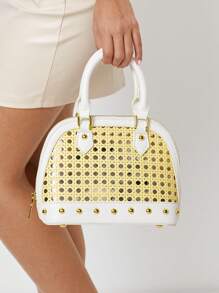 SHEIN SXY Ladies, Women Top Handle Bags, Rattan Hollow, Splicing PU, Rivets, Fashionable, Elegant, Simple, Personalized, Versatile, For Commute, Office, Date, Daily, Shopping, Afternoon Tea - Multicolor - View 7