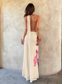 Aloruh Robe longue élégante et sexy à col V profond et dos nu avec imprimé floral, robe de thé pour femmes, robes d'été pour femmes, tenues de lune de miel pour femmes, tenues de vacances sur l'île, robe de demoiselle d'honneur pour femmes, robes d'été pour femmes, robes élégantes pour fête, robe de vacances pour femmes