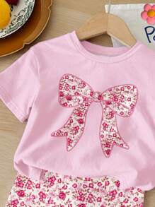 SHEIN Bộ 2 món/Bộ áo ngắn tay đơn giản thường ngày cho bé gái và quần short, thích hợp cho mùa hè - Nhiều màu - Xem 5